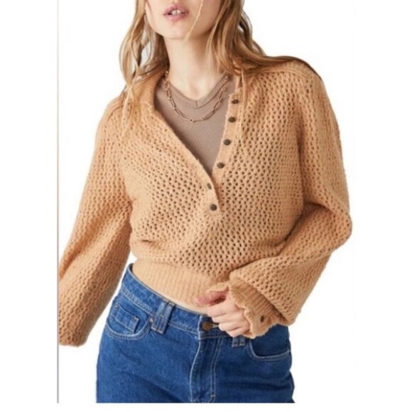 We The Free X Free People Snowdrift Sweater XS Pullover Brown Boucle 1/2 Button - Picture 2 of 11